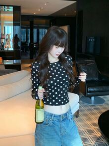 K-Vae Women's French Style Cropped Polka Dot Long Sleeve Top, Korean Dating - Black - View 6