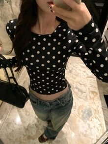 K-Vae Women's French Style Cropped Polka Dot Long Sleeve Top, Korean Dating - Black - View 3