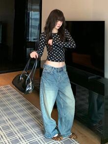 K-Vae Women's French Style Cropped Polka Dot Long Sleeve Top, Korean Dating - Black - View 5
