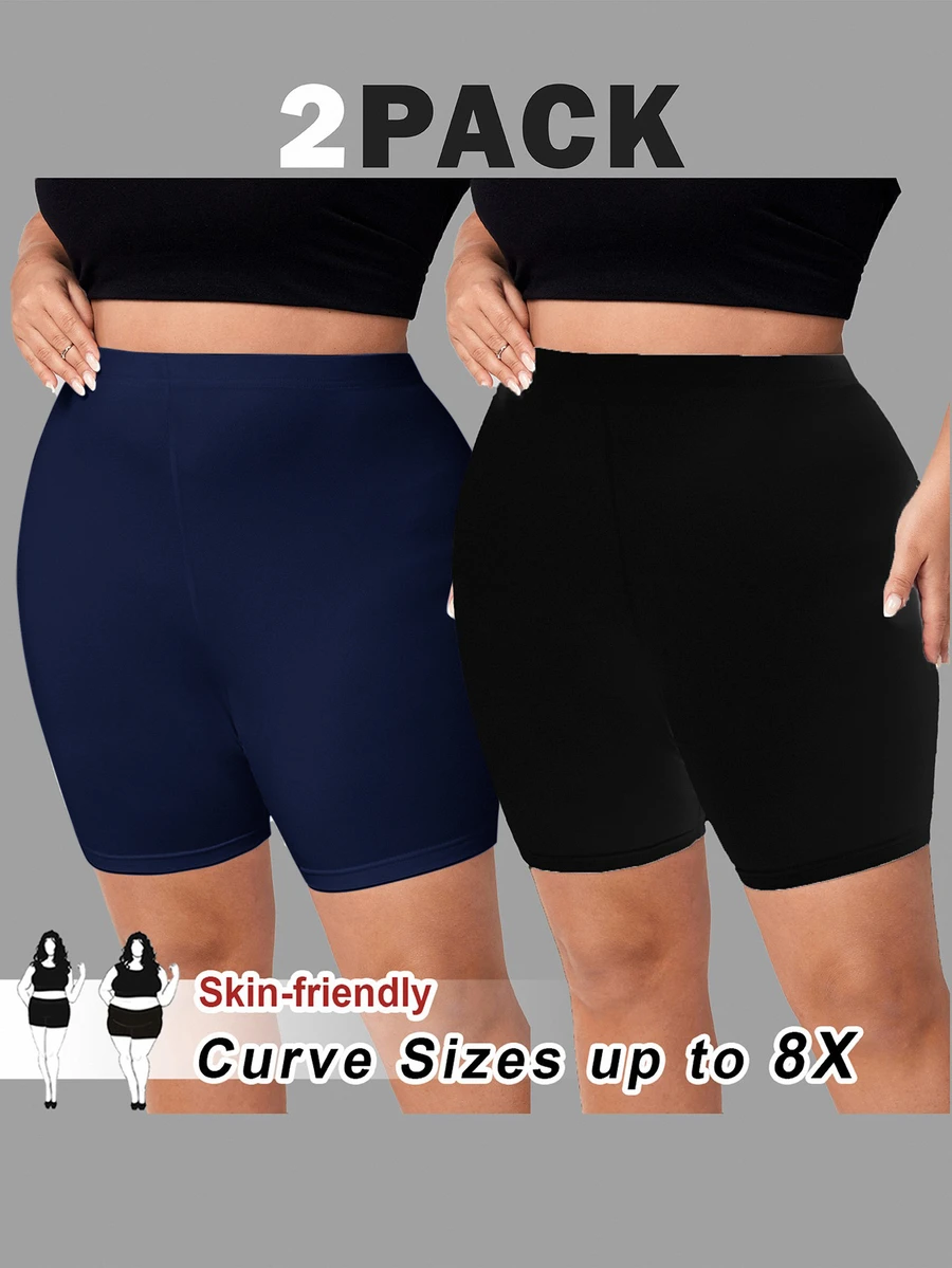 SHEIN CURVE+ 2pcs Plus Size Simple Versatile Solid Color Tight Fit Base Shorts - Multicolor - View 1