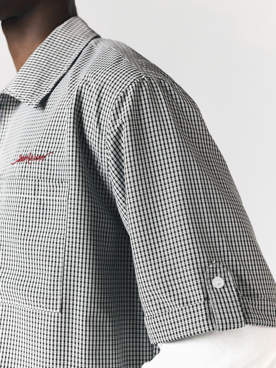 Oversized Short Sleeve Checked Shirt With Spread Collar Chest Pocket And Embroidered Script Logo Detail Summer Casual