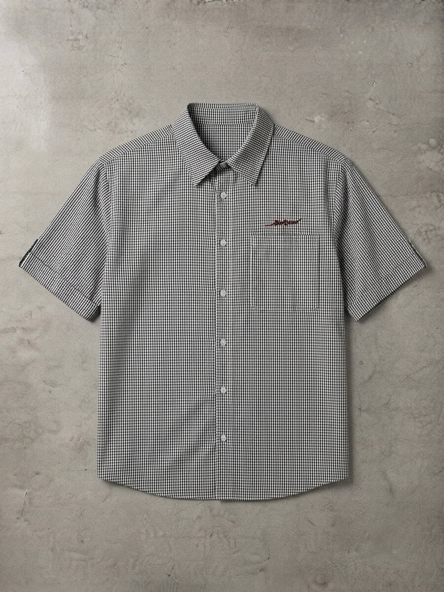 SUMWON Oversized Short Sleeve Checked Shirt With Spread Collar Chest Pocket And Embroidered Script Logo Detail Summer Casual - Multicolor - View 1