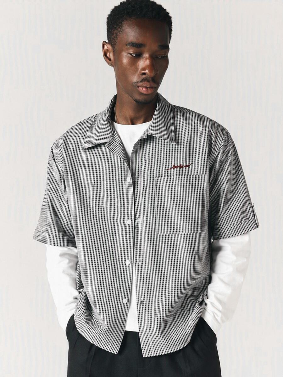 SUMWON Oversized Short Sleeve Checked Shirt With Spread Collar Chest Pocket And Embroidered Script Logo Detail Summer Casual - Multicolor - View 1
