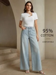 Anewsta 女款優雅 95% 棉白色不對稱領口短袖修身 T 恤，簡約休閒百搭，適合夏季與秋季 - 白色 - 查看 7