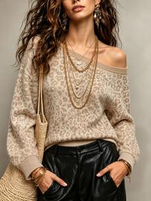 SHEIN Busana Musim Gugur untuk Wanita - Sweater Kasual Motif Leopard untuk Wanita, Sosial - MultiWarna - View 3