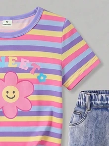 女童休閒簡約卡通印花圓領短袖上衣與喇叭褲兩件套，適合夏季 - 彩色 - 查看 6