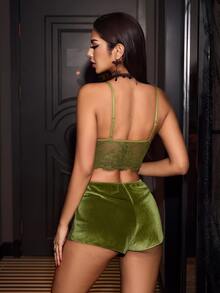 SilkySpell Lace Patchwork Design Sexy Velvet Camisole Nightwear Set For Women - Green - View 4