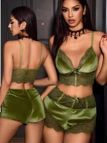 SilkySpell Lace Patchwork Design Sexy Velvet Camisole Nightwear Set For Women - Green - View 2