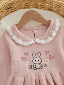 SHEIN 女嬰粉色兔子刺繡針織套頭圓領長袖毛衣洋裝，舒適適合秋冬季節，優雅端莊，刺繡工藝精緻，時尚百搭，適合日常穿著、外出、旅行與上學 - 淺粉色 - 查看 8