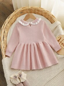 SHEIN 女嬰粉色兔子刺繡針織套頭圓領長袖毛衣洋裝，舒適適合秋冬季節，優雅端莊，刺繡工藝精緻，時尚百搭，適合日常穿著、外出、旅行與上學 - 淺粉色 - 查看 2