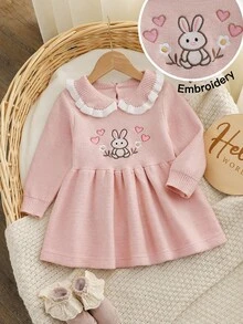 SHEIN 女嬰粉色兔子刺繡針織套頭圓領長袖毛衣洋裝，舒適適合秋冬季節，優雅端莊，刺繡工藝精緻，時尚百搭，適合日常穿著、外出、旅行與上學 - 淺粉色 - 查看 3