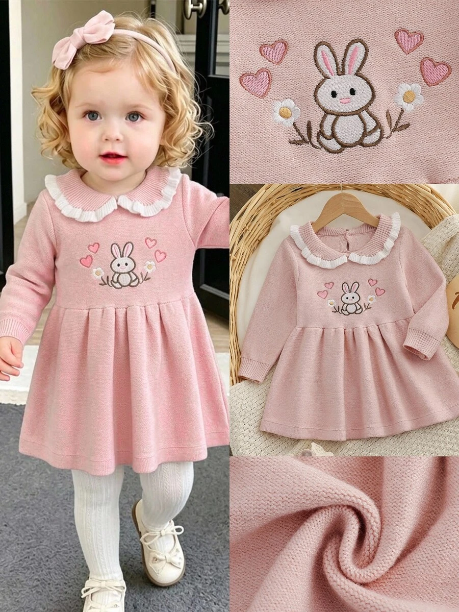 SHEIN 女嬰粉色兔子刺繡針織套頭圓領長袖毛衣洋裝,舒適適合秋冬季節,優雅端莊,刺繡工藝精緻,時尚百搭,適合日常穿著、外出、旅行與上學 - 淺粉色 - 查看 1