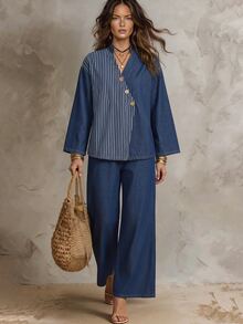 Solivie Set Denim Kasual Wanita Model Atasan Bergaris Blok Warna dengan Kerah V dan Celana Panjang untuk Sehari-hari - Hitam - View 5