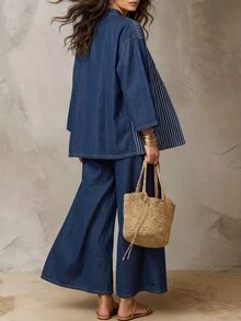 Solivie Set Denim Kasual Wanita Model Atasan Bergaris Blok Warna dengan Kerah V dan Celana Panjang untuk Sehari-hari - Hitam - View 3