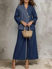 Solivie Set Denim Kasual Wanita Model Atasan Bergaris Blok Warna dengan Kerah V dan Celana Panjang untuk Sehari-hari - Hitam - View 2