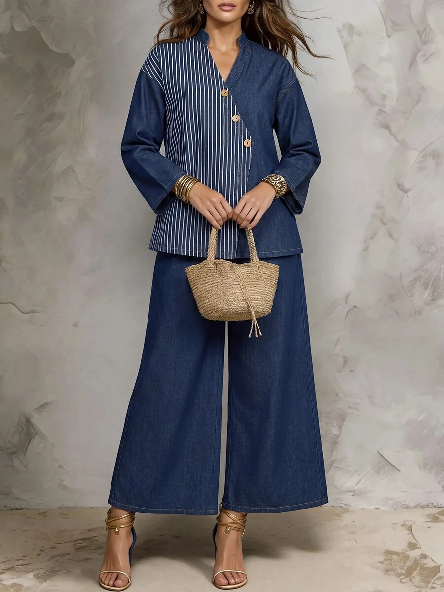 Solivie Set Denim Kasual Wanita Model Atasan Bergaris Blok Warna dengan Kerah V dan Celana Panjang untuk Sehari-hari