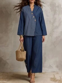 Solivie Set Denim Kasual Wanita Model Atasan Bergaris Blok Warna dengan Kerah V dan Celana Panjang untuk Sehari-hari - Hitam - View 4