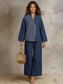 Solivie Set Denim Kasual Wanita Model Atasan Bergaris Blok Warna dengan Kerah V dan Celana Panjang untuk Sehari-hari - Hitam - View 6