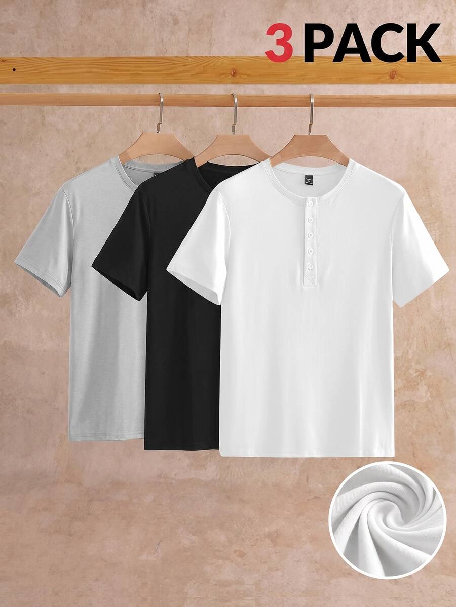 HIMLAND Men's Summer Casual Versatile Solid Color Short Sleeve T-Shirt 3 Pieces Set - Multicolor - View 1