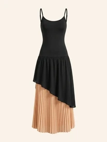 VOLUPTÉ CURVE Gaun Slip Lipit Kontras Warna Serbaguna untuk Wanita - Hitam - View 3