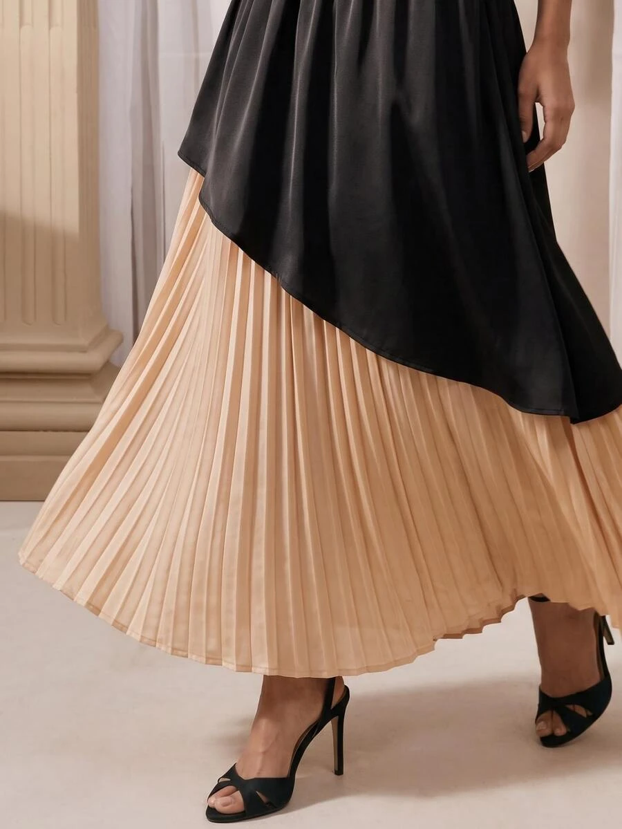 VOLUPTÉ CURVE Gaun Slip Lipit Kontras Warna Serbaguna untuk Wanita