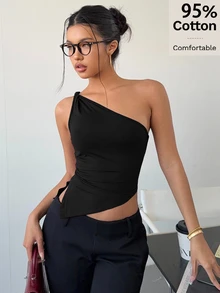 Siren Gaze 女款 95% 棉黑色扭轉單肩修身上衣，性感時尚夏季夜生活優雅波希米亞風 電音節 西部風 街頭風 度假波西米亞風 - 彩色 - 查看 1