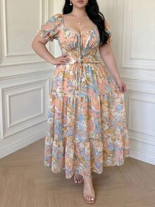 Vibekara 度假風露肩夏季女裝，韓式甜美性感雙穿式露肩細肩帶上衣，搭配收腰顯瘦高腰A字純色紋理蕾絲拼接裙 2 件套，優雅派對晚裝裙，高端奢華法式蕾絲上衣與裙子 2 件套，時尚優雅泡泡短袖長裙，優雅宴會晚禮服，生日裙 - 粉色 - 查看 6