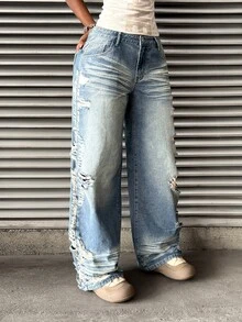 SHEIN Tall Celana Jeans Gaya Jalanan Amerika Vintage Denim Washed Straight Leg dengan Desain Sobek yang Terkesan Usang, Celana Panjang Longgar dengan Kaki Lebar, Celana Panjang Kasual Serbaguna - Light Wash - View 11