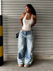 SHEIN Tall Celana Jeans Gaya Jalanan Amerika Vintage Denim Washed Straight Leg dengan Desain Sobek yang Terkesan Usang, Celana Panjang Longgar dengan Kaki Lebar, Celana Panjang Kasual Serbaguna - Light Wash - View 8