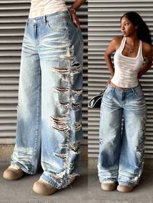 SHEIN Tall Celana Jeans Gaya Jalanan Amerika Vintage Denim Washed Straight Leg dengan Desain Sobek yang Terkesan Usang, Celana Panjang Longgar dengan Kaki Lebar, Celana Panjang Kasual Serbaguna - Light Wash - View 10