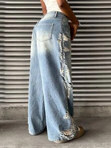 SHEIN Tall Celana Jeans Gaya Jalanan Amerika Vintage Denim Washed Straight Leg dengan Desain Sobek yang Terkesan Usang, Celana Panjang Longgar dengan Kaki Lebar, Celana Panjang Kasual Serbaguna - Light Wash - View 9
