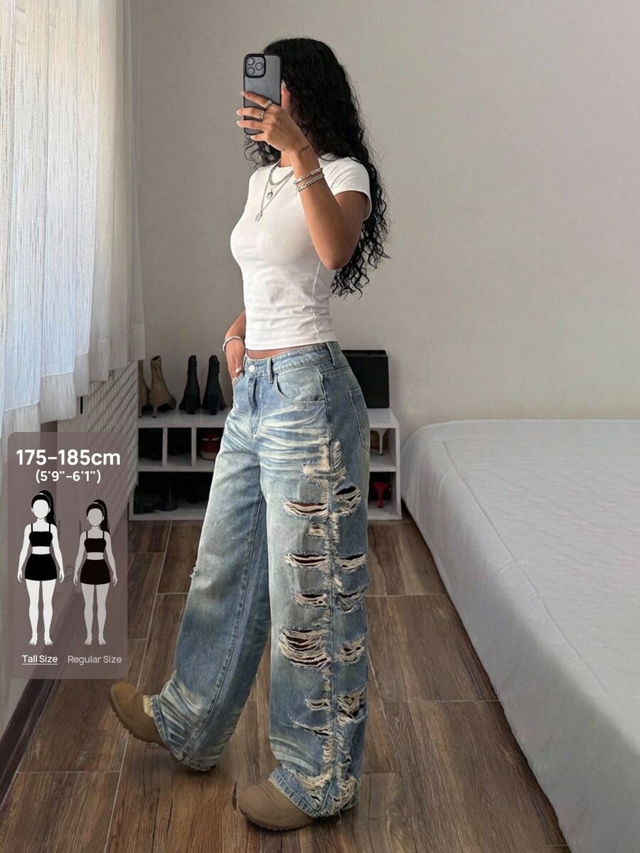 SHEIN Tall Celana Jeans Gaya Jalanan Amerika Vintage Denim Washed Straight Leg dengan Desain Sobek yang Terkesan Usang, Celana Panjang Longgar dengan Kaki Lebar, Celana Panjang Kasual Serbaguna - Light Wash - View 1