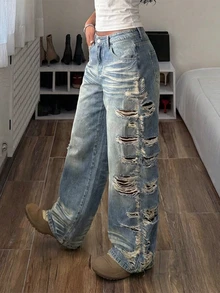SHEIN Tall Celana Jeans Gaya Jalanan Amerika Vintage Denim Washed Straight Leg dengan Desain Sobek yang Terkesan Usang, Celana Panjang Longgar dengan Kaki Lebar, Celana Panjang Kasual Serbaguna - Light Wash - View 4