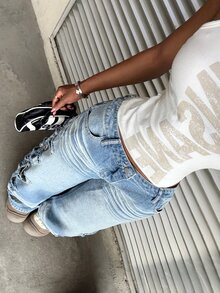 SHEIN Tall Celana Jeans Gaya Jalanan Amerika Vintage Denim Washed Straight Leg dengan Desain Sobek yang Terkesan Usang, Celana Panjang Longgar dengan Kaki Lebar, Celana Panjang Kasual Serbaguna - Light Wash - View 7