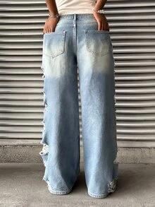 SHEIN Tall Celana Jeans Gaya Jalanan Amerika Vintage Denim Washed Straight Leg dengan Desain Sobek yang Terkesan Usang, Celana Panjang Longgar dengan Kaki Lebar, Celana Panjang Kasual Serbaguna - Light Wash - View 5
