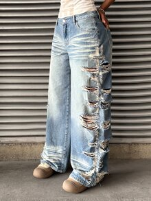 SHEIN Tall Celana Jeans Gaya Jalanan Amerika Vintage Denim Washed Straight Leg dengan Desain Sobek yang Terkesan Usang, Celana Panjang Longgar dengan Kaki Lebar, Celana Panjang Kasual Serbaguna - Light Wash - View 6