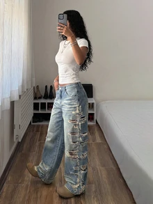 SHEIN Tall Celana Jeans Gaya Jalanan Amerika Vintage Denim Washed Straight Leg dengan Desain Sobek yang Terkesan Usang, Celana Panjang Longgar dengan Kaki Lebar, Celana Panjang Kasual Serbaguna - Light Wash - View 2