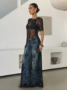 Lavishia 女士蕾丝刺绣薄纱连衣裙 - 黑色 - 查看 4