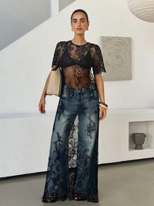 Lavishia 女士蕾丝刺绣薄纱连衣裙 - 黑色 - 查看 8