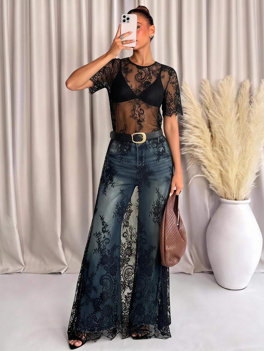 Lavishia 女士蕾丝刺绣薄纱连衣裙 - 黑色 - 查看 1