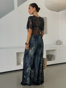 Lavishia 女士蕾丝刺绣薄纱连衣裙 - 黑色 - 查看 2