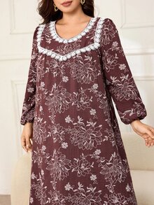 Lacomfia Gaun Wanita Model U-Neck Lengan Lentera Longgar Motif Vintage Kasual Serbaguna Nyaman Santai Musim Semi Musim Gugur Ukuran Besar - Coffee Brown - View 6