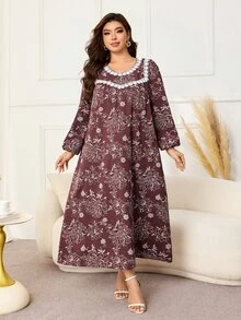 Lacomfia Gaun Wanita Model U-Neck Lengan Lentera Longgar Motif Vintage Kasual Serbaguna Nyaman Santai Musim Semi Musim Gugur Ukuran Besar - Coffee Brown - View 4