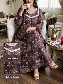 Lacomfia Gaun Wanita Model U-Neck Lengan Lentera Longgar Motif Vintage Kasual Serbaguna Nyaman Santai Musim Semi Musim Gugur Ukuran Besar - Coffee Brown - View 1