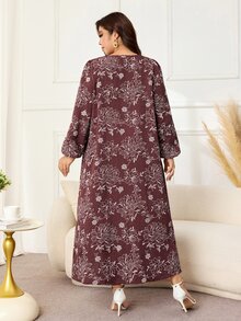 Lacomfia Gaun Wanita Model U-Neck Lengan Lentera Longgar Motif Vintage Kasual Serbaguna Nyaman Santai Musim Semi Musim Gugur Ukuran Besar - Coffee Brown - View 2