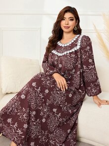 Lacomfia Gaun Wanita Model U-Neck Lengan Lentera Longgar Motif Vintage Kasual Serbaguna Nyaman Santai Musim Semi Musim Gugur Ukuran Besar - Coffee Brown - View 7