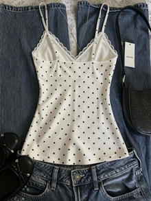 IslaSuriya Polka Dot Print Lace Patchwork Cup Cross Strap Top Going Out White And Black Polka Dot Summer Y2k Cute - Multicolor - View 2