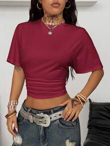 Coolane Women's Summer Minimalist Y2K Basic Daily Wear Casual Back To School Streetwear Stretchy Burgundy Loose Ruched Crop Tees,Red Top - Burgundy - View 4