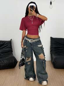 Coolane Women's Summer Minimalist Y2K Basic Daily Wear Casual Back To School Streetwear Stretchy Burgundy Loose Ruched Crop Tees,Red Top - Burgundy - View 2