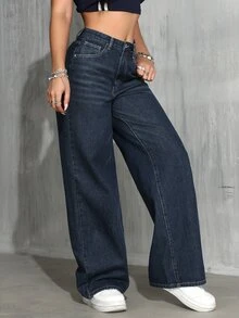 SHEIN Tall Celana Jeans Klasik Original Warna Biru Tua Washed Model Lurus Pinggang Tinggi Longgar Pas Ramping Kasual Serbaguna Kaki Lebar - Dark Wash - View 4